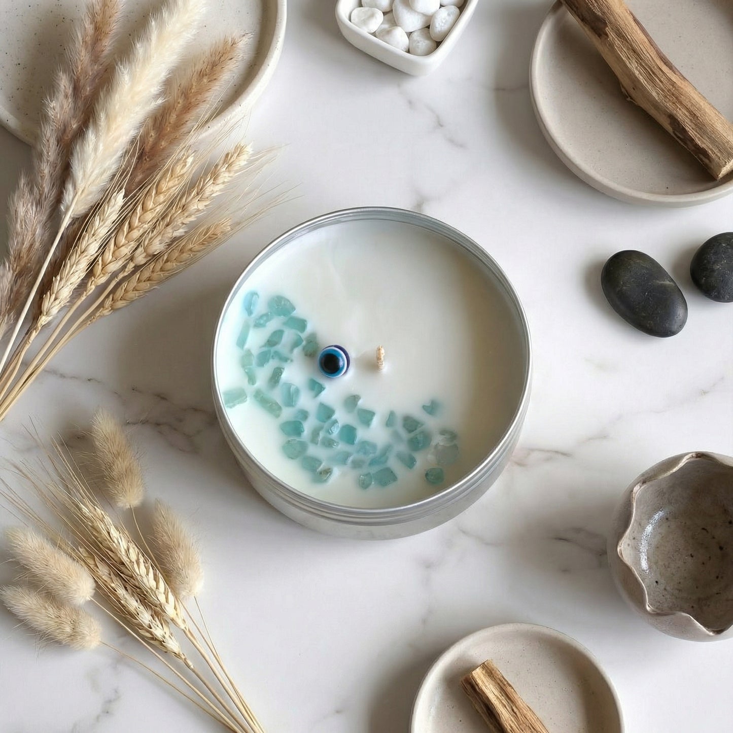Hello Handmade Evil Eye Protection Candle – Scented Soy Wax Tin with Crystals (Scent Egyptian Musk)