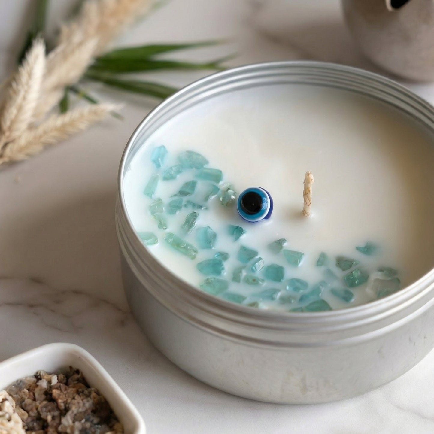 Hello Handmade Evil Eye Protection Candle – Scented Soy Wax Tin with Crystals (Scent Egyptian Musk)