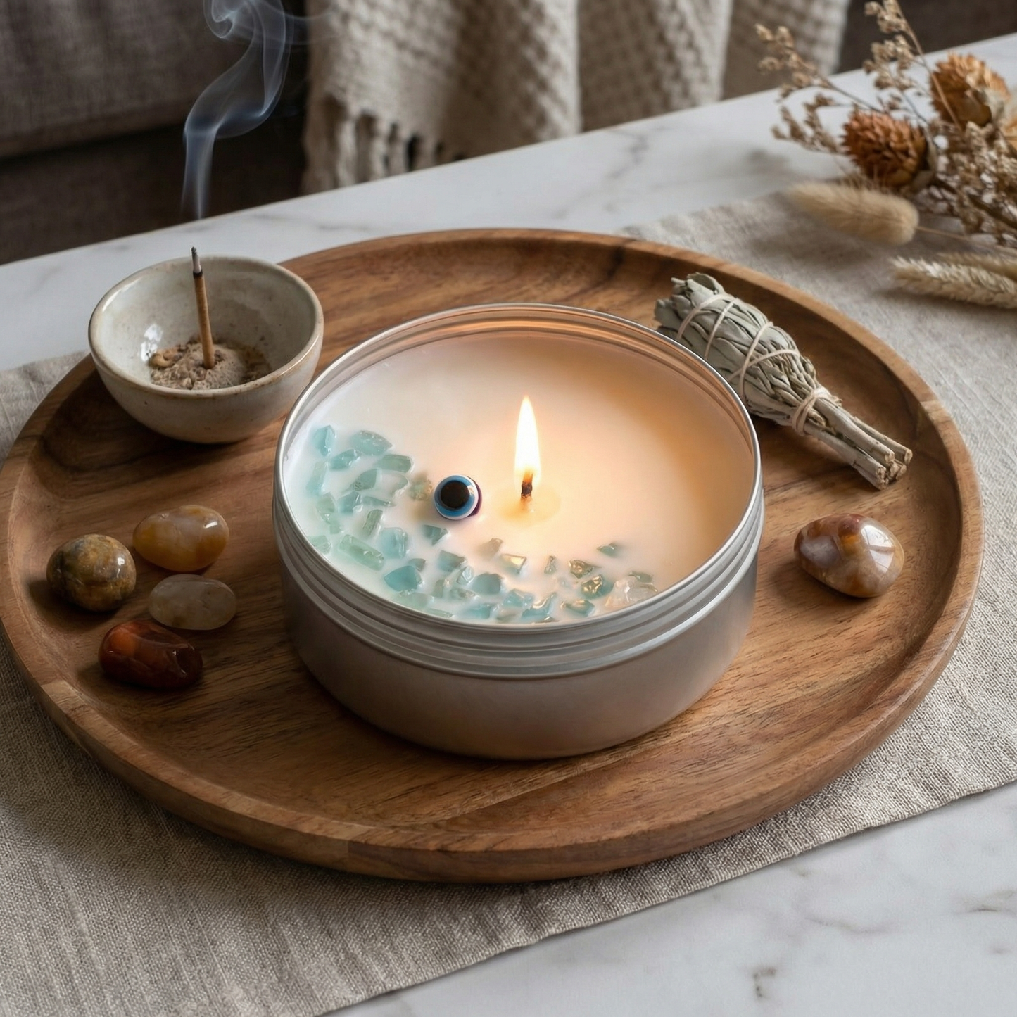 Hello Handmade Evil Eye Protection Candle – Scented Soy Wax Tin with Crystals (Scent Egyptian Musk)