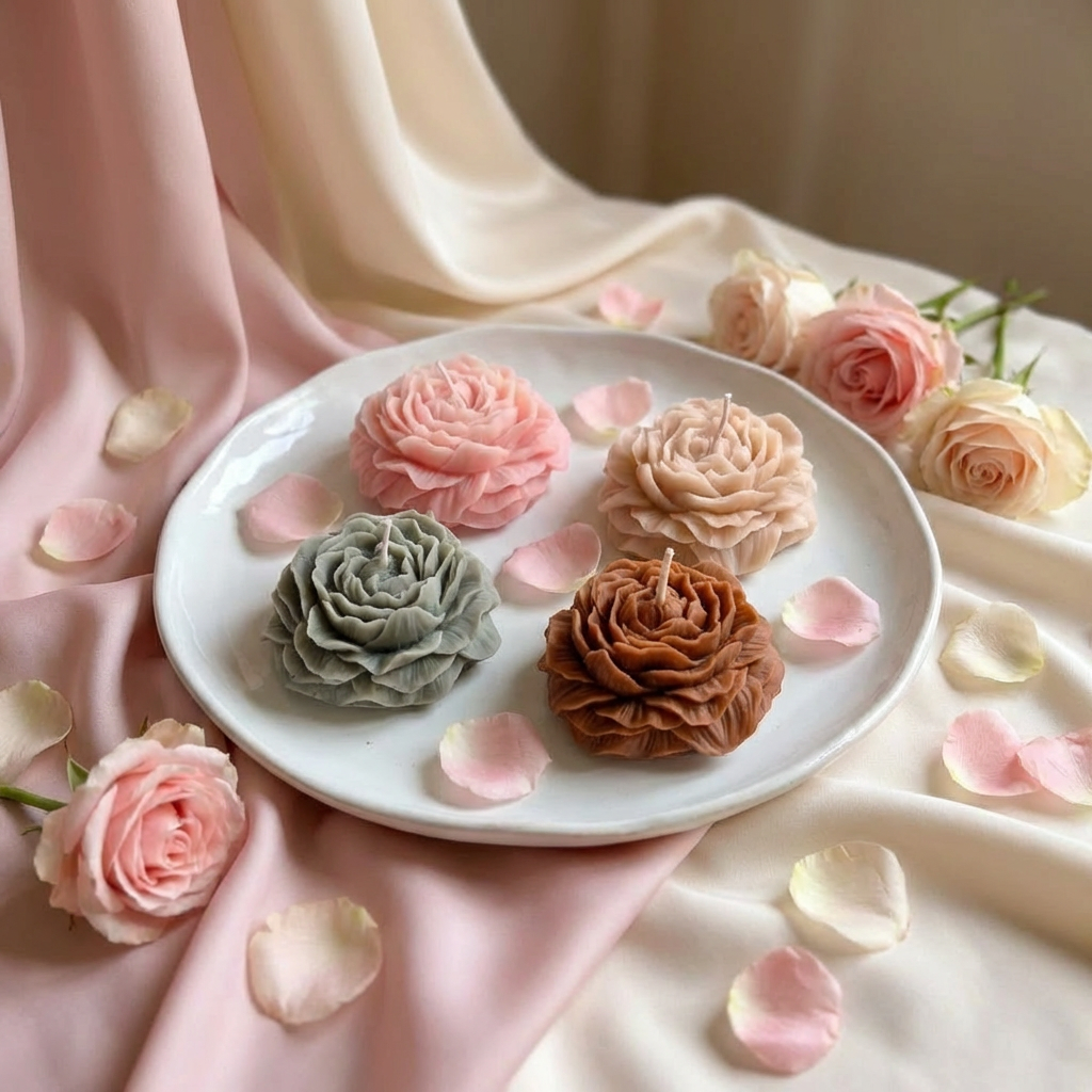 Pack of 4 Peony Flower Candles – Handcrafted Aesthetic Floral Candles for Home Decor, Romantic Gifts & Elegant Table Styling