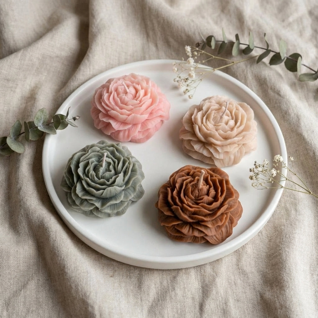 Pack of 4 Peony Flower Candles – Handcrafted Aesthetic Floral Candles for Home Decor, Romantic Gifts & Elegant Table Styling