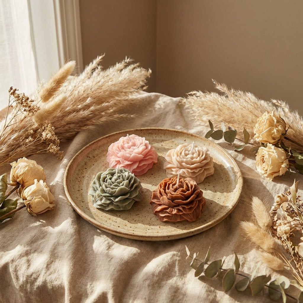 Pack of 4 Peony Flower Candles – Handcrafted Aesthetic Floral Candles for Home Decor, Romantic Gifts & Elegant Table Styling