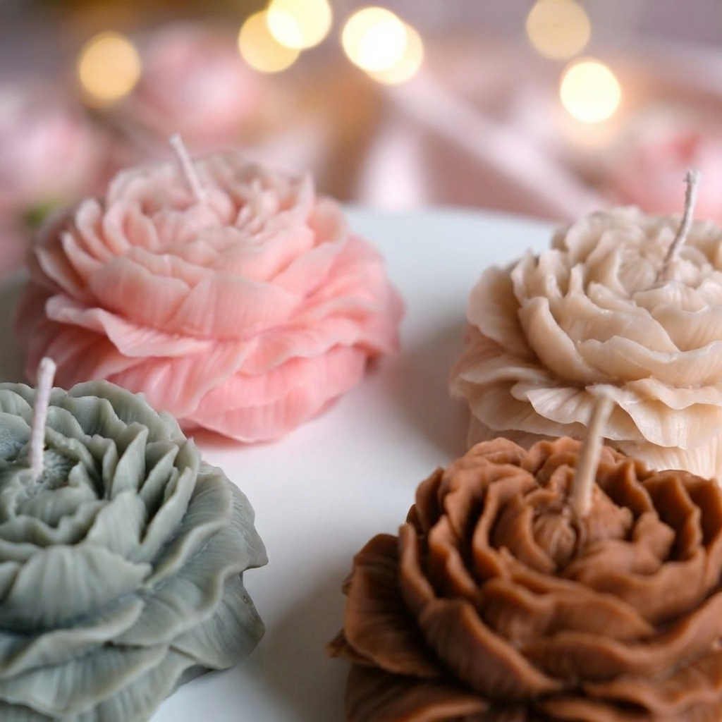 Pack of 4 Peony Flower Candles – Handcrafted Aesthetic Floral Candles for Home Decor, Romantic Gifts & Elegant Table Styling