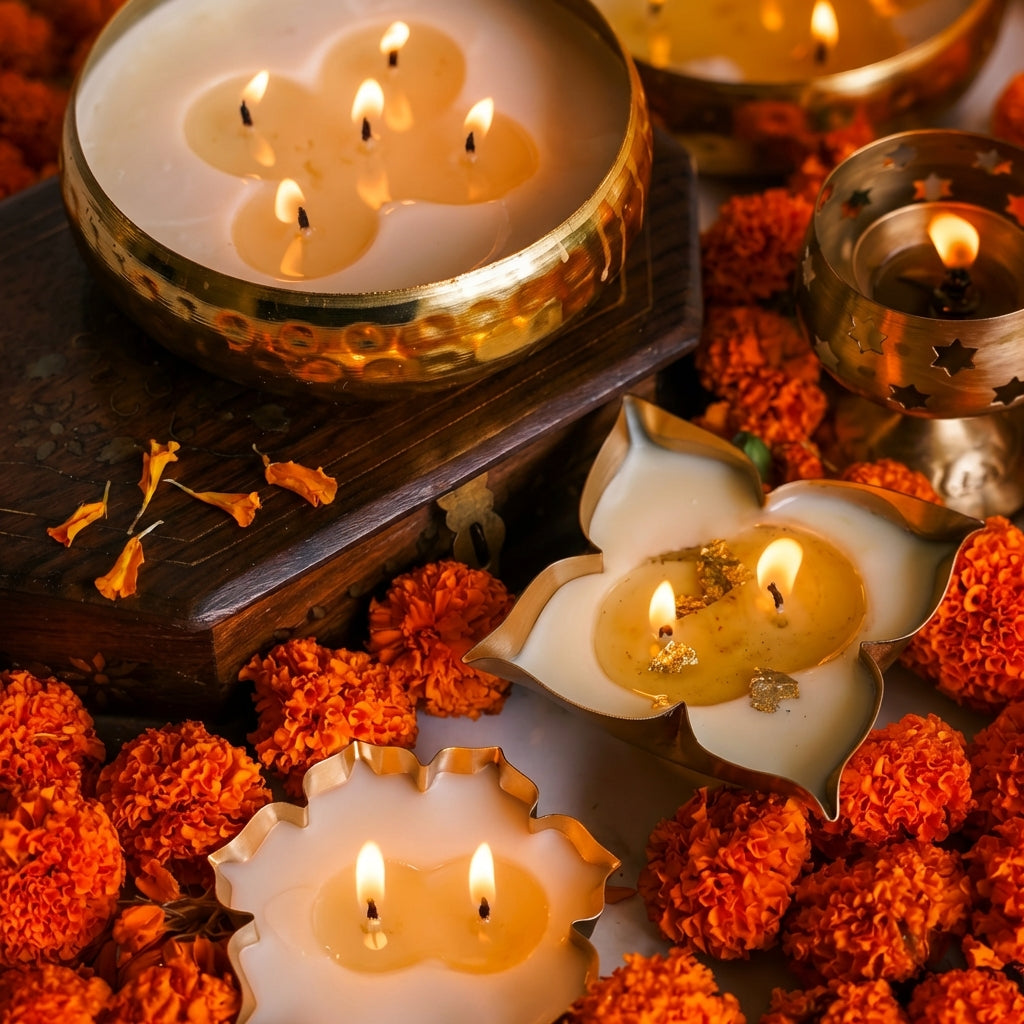 Pack of 3 Sandalwood Scented Urli Candles | Handcrafted Soy Wax Decorative Brass Urli Candles for Festive Home Décor & Gifting