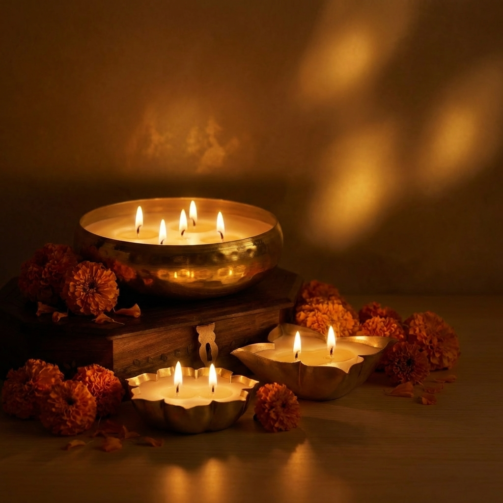 Pack of 3 Sandalwood Scented Urli Candles | Handcrafted Soy Wax Decorative Brass Urli Candles for Festive Home Décor & Gifting