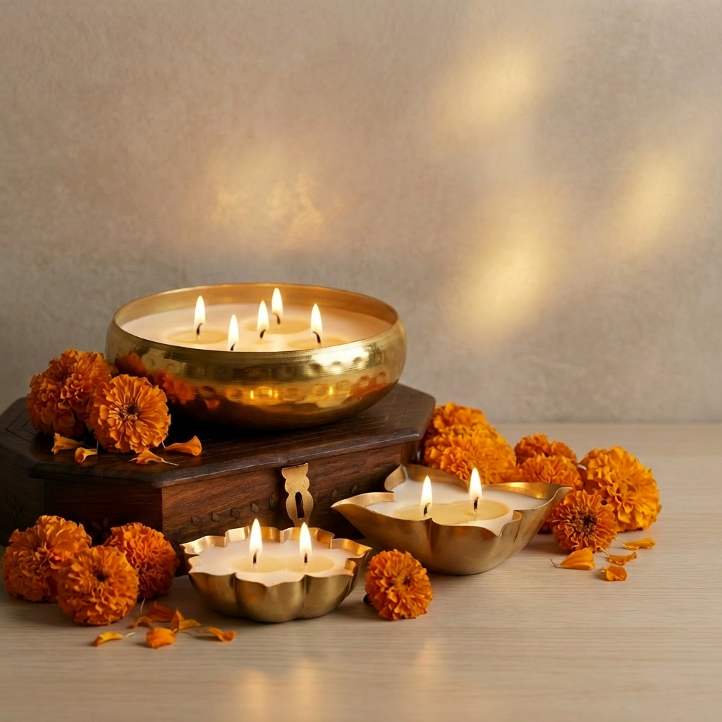 Pack of 3 Sandalwood Scented Urli Candles | Handcrafted Soy Wax Decorative Brass Urli Candles for Festive Home Décor & Gifting
