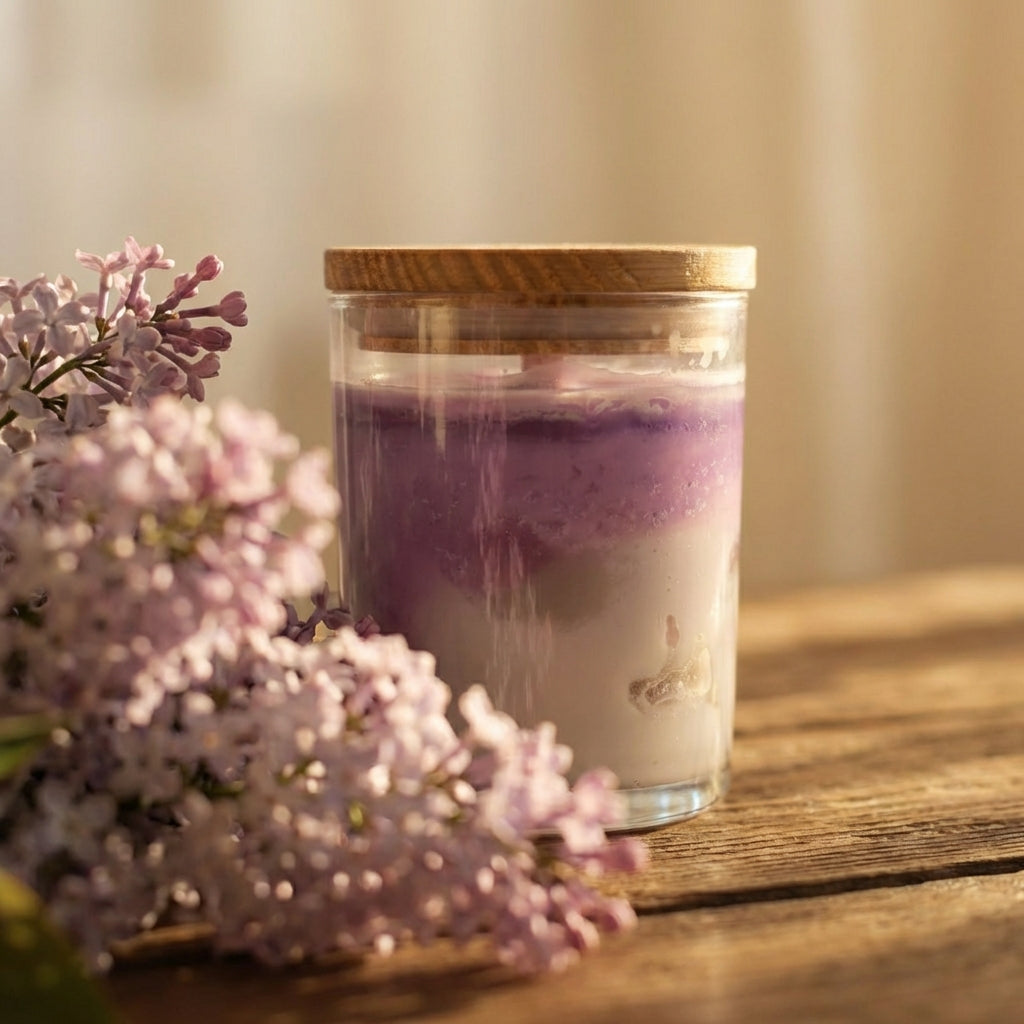 Iced Lavender Latte Soy Wax Candle – Creamy Floral Lavender Scented Glass Jar Candle for Relaxing Home Ambience