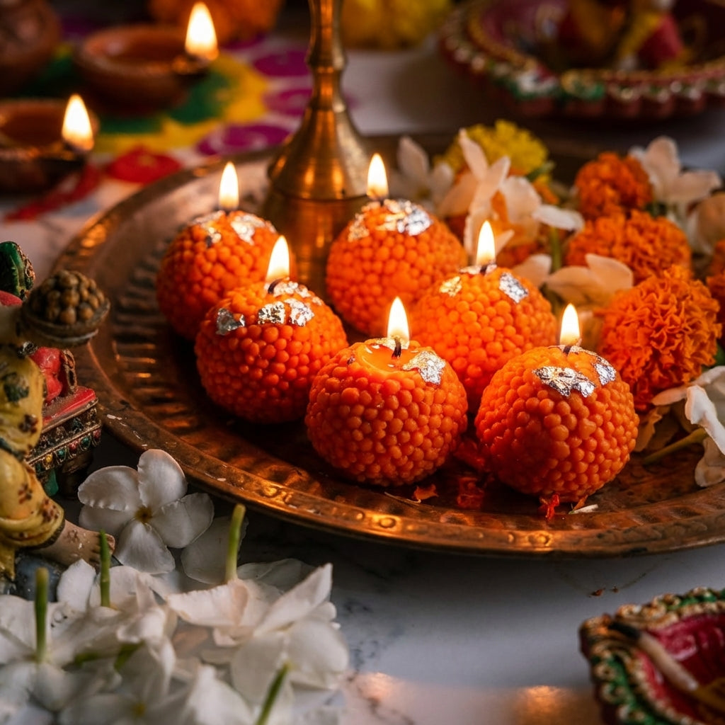 Laddoo Candles Pack of 6 – Sandalwood Scented Soy Wax Festive Candles | Handmade Decorative Diya Style Candles for Pooja, Home Decor & Gift