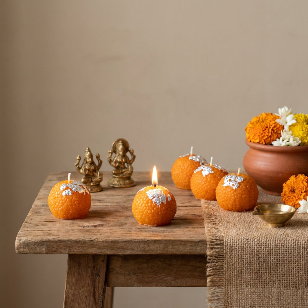 Laddoo Candles Pack of 6 – Sandalwood Scented Soy Wax Festive Candles | Handmade Decorative Diya Style Candles for Pooja, Home Decor & Gift