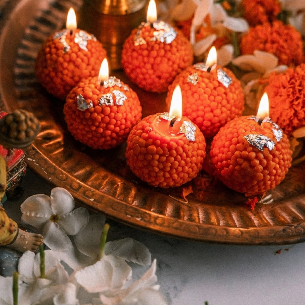 Laddoo Candles Pack of 6 – Sandalwood Scented Soy Wax Festive Candles | Handmade Decorative Diya Style Candles for Pooja, Home Decor & Gift
