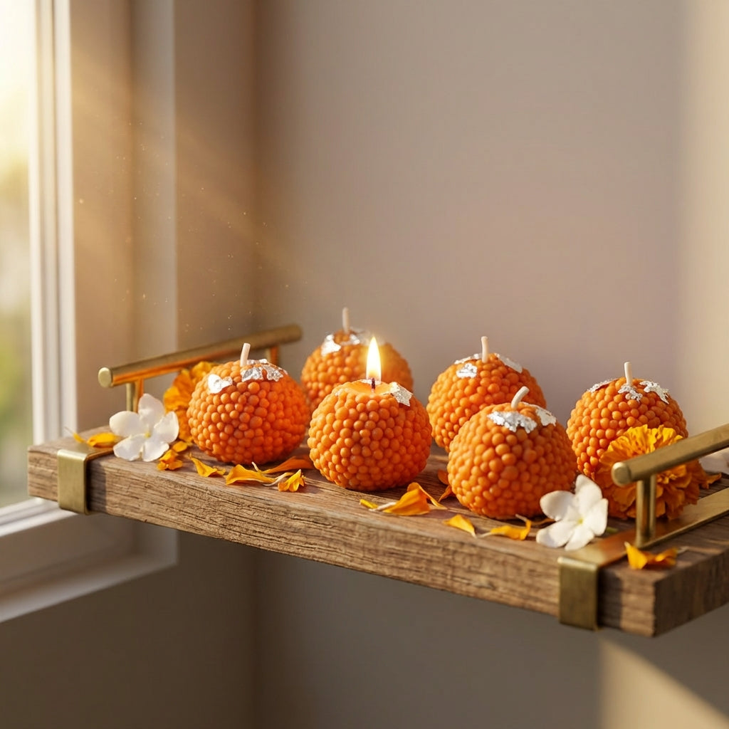 Laddoo Candles Pack of 6 – Sandalwood Scented Soy Wax Festive Candles | Handmade Decorative Diya Style Candles for Pooja, Home Decor & Gift
