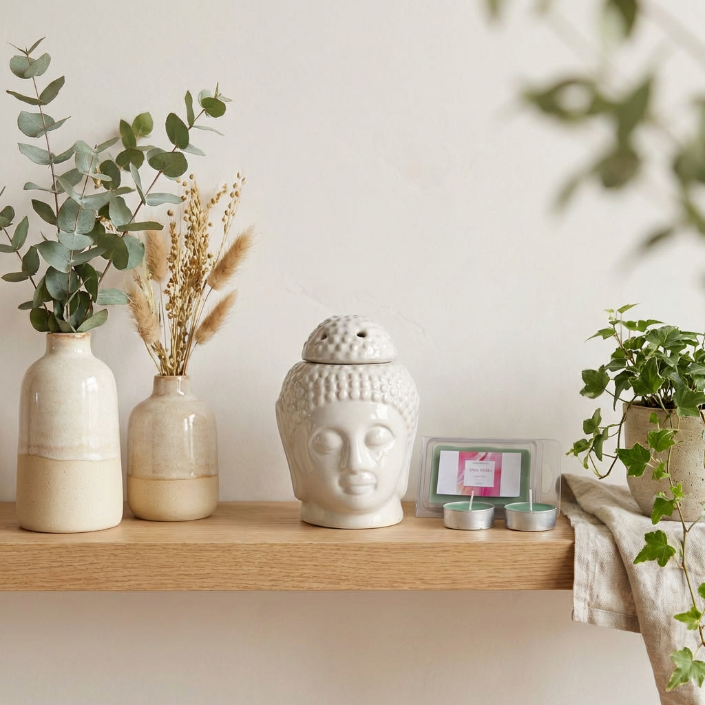 Hello Handmade Ceramic Buddha Head Diffuser with Wax Melts and 2 Tea Light Candles