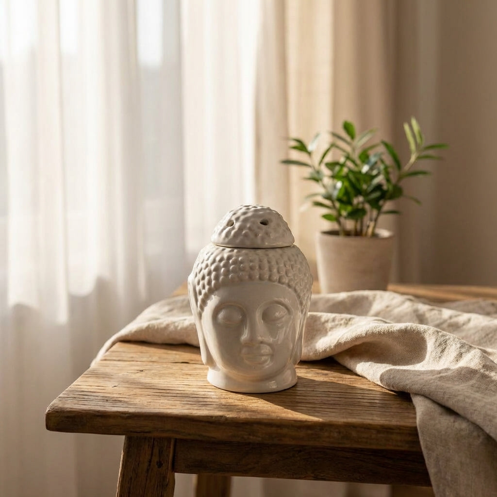Hello Handmade Ceramic Buddha Head Diffuser with Wax Melts and 2 Tea Light Candles