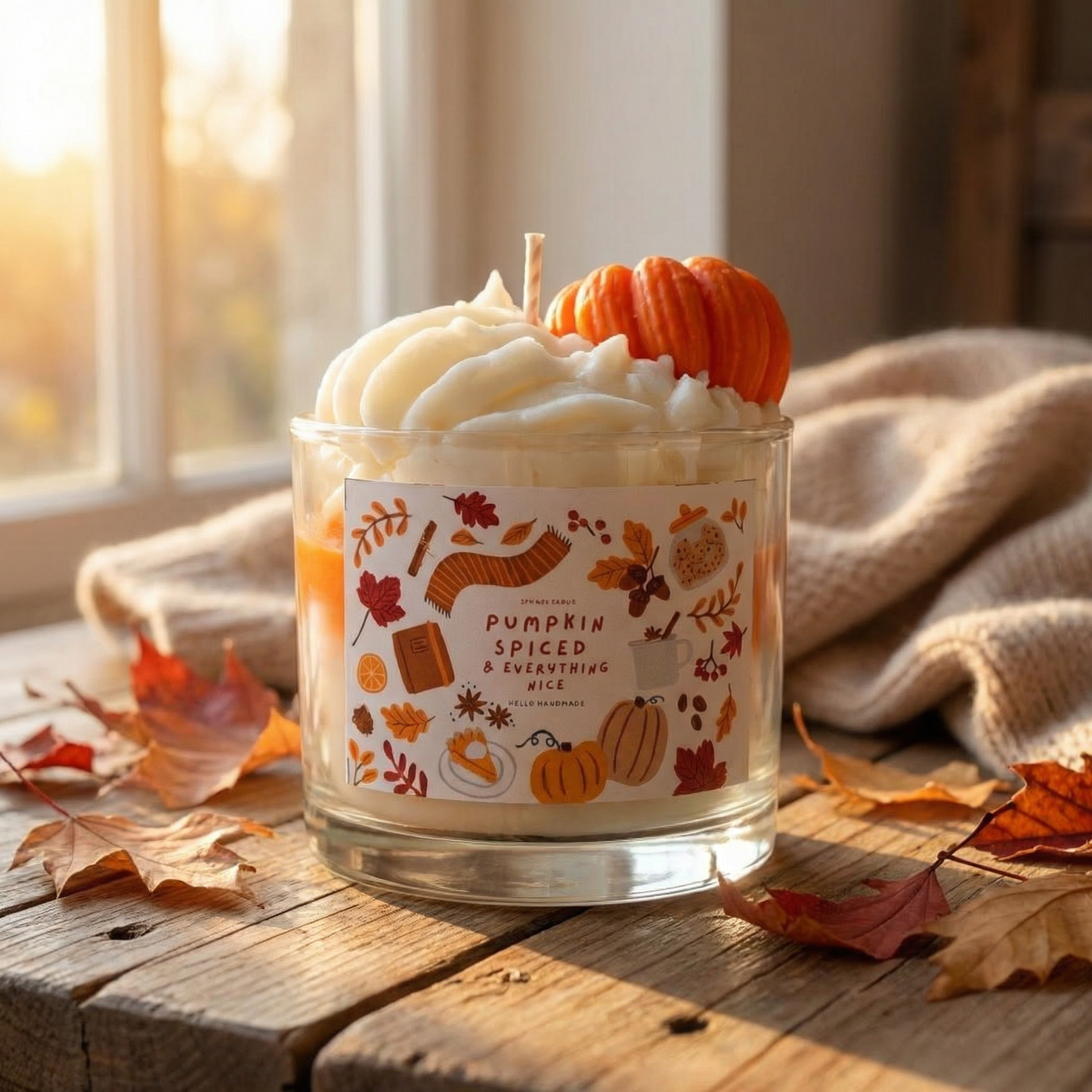 Pumpkin Spice Whipped Glass Jar Candle | Handmade Fall Dessert Candle Decor