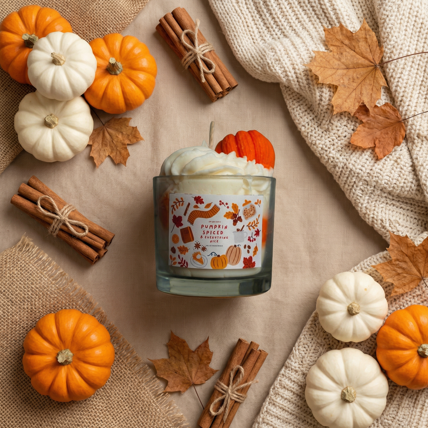 Pumpkin Spice Whipped Glass Jar Candle | Handmade Fall Dessert Candle Decor