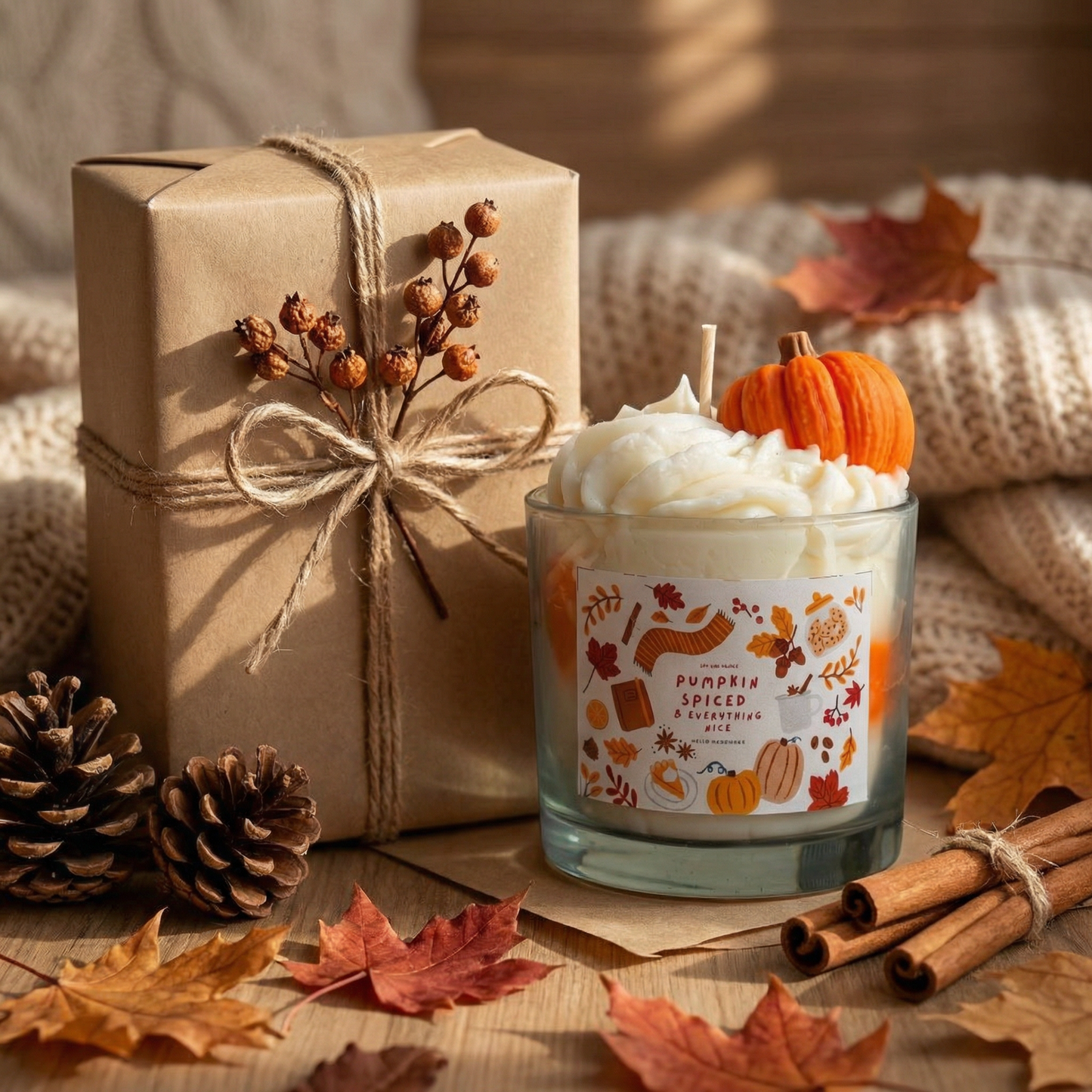 Pumpkin Spice Whipped Glass Jar Candle | Handmade Fall Dessert Candle Decor