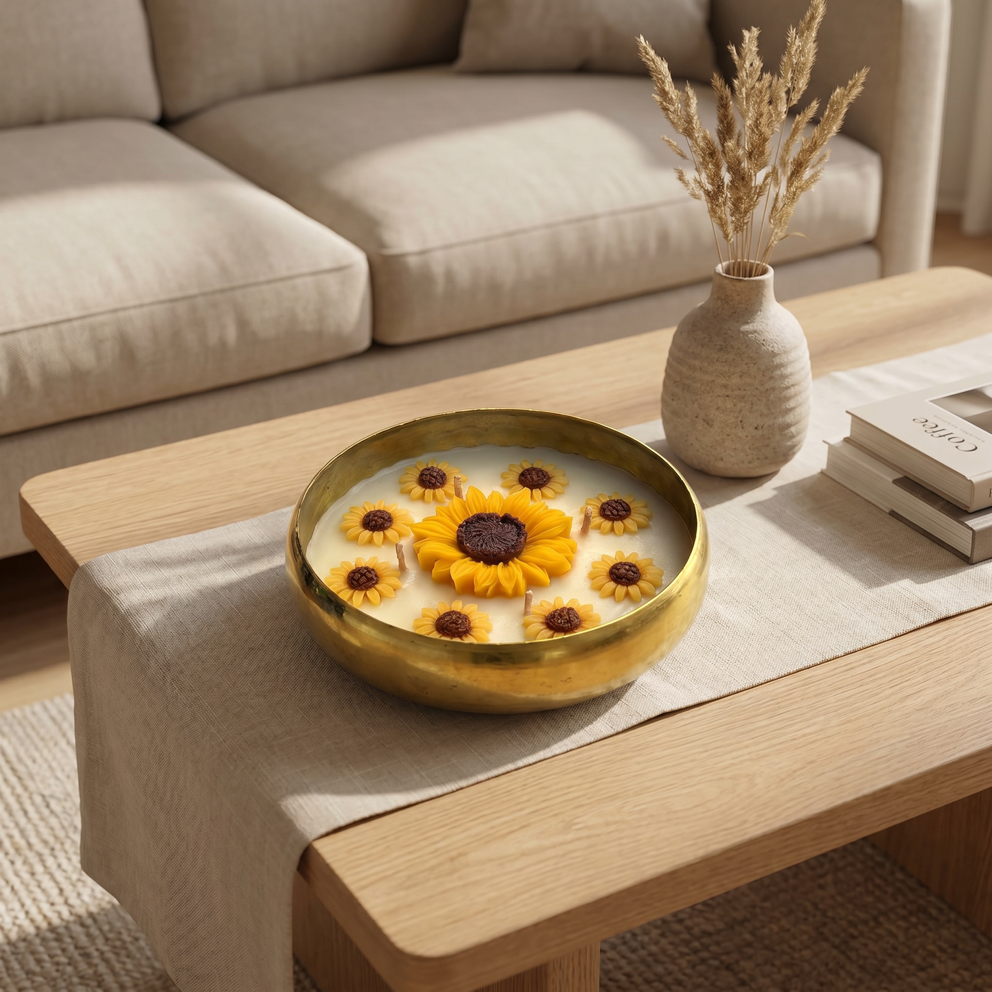 Sunflower Urli Candle in Brass Bowl | Handmade Floral Candle Gift & Home Decor