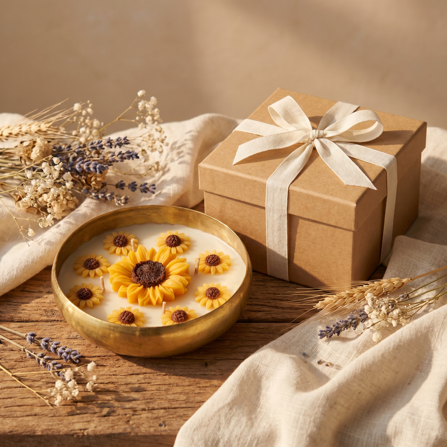 Sunflower Urli Candle in Brass Bowl | Handmade Floral Candle Gift & Home Decor
