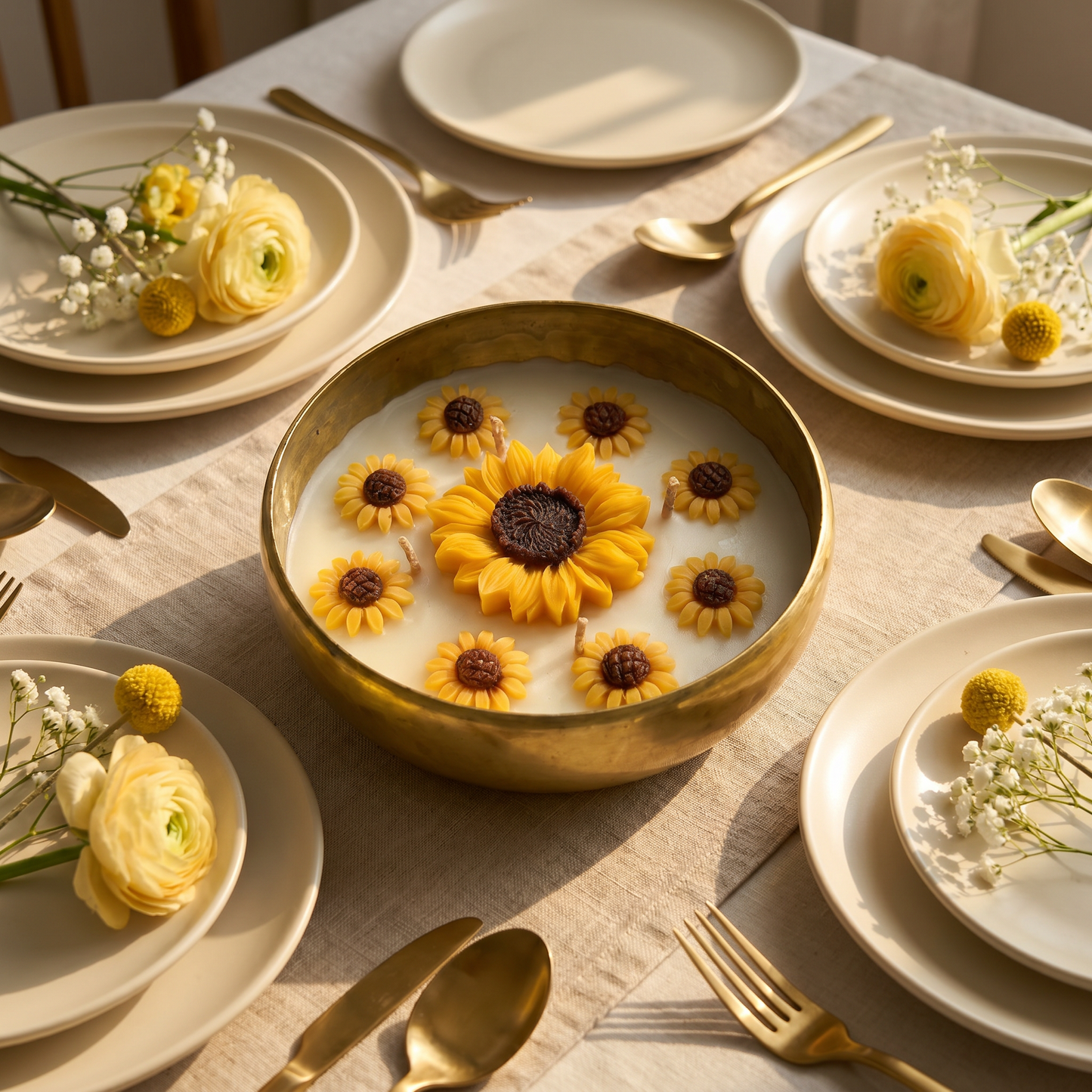 Sunflower Urli Candle in Brass Bowl | Handmade Floral Candle Gift & Home Decor