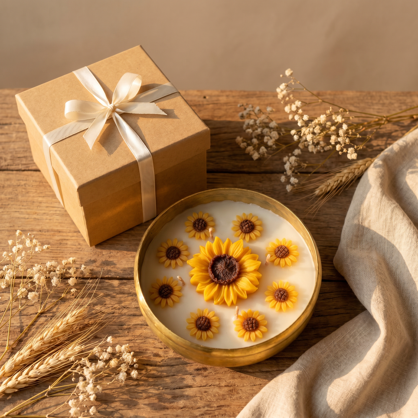 Sunflower Urli Candle in Brass Bowl | Handmade Floral Candle Gift & Home Decor