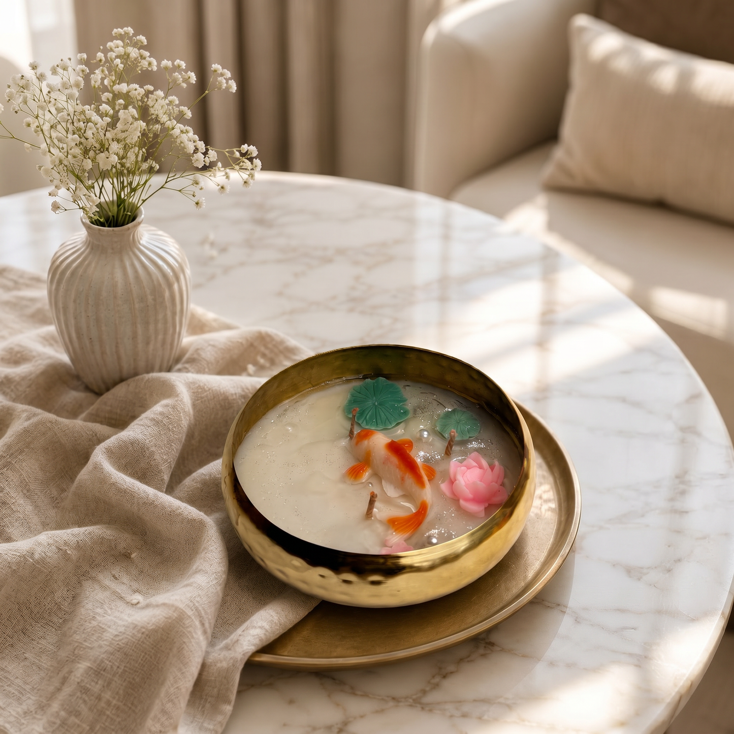 Koi Pond Urli Candle in Brass Bowl | Handmade Luxury Decorative Candle