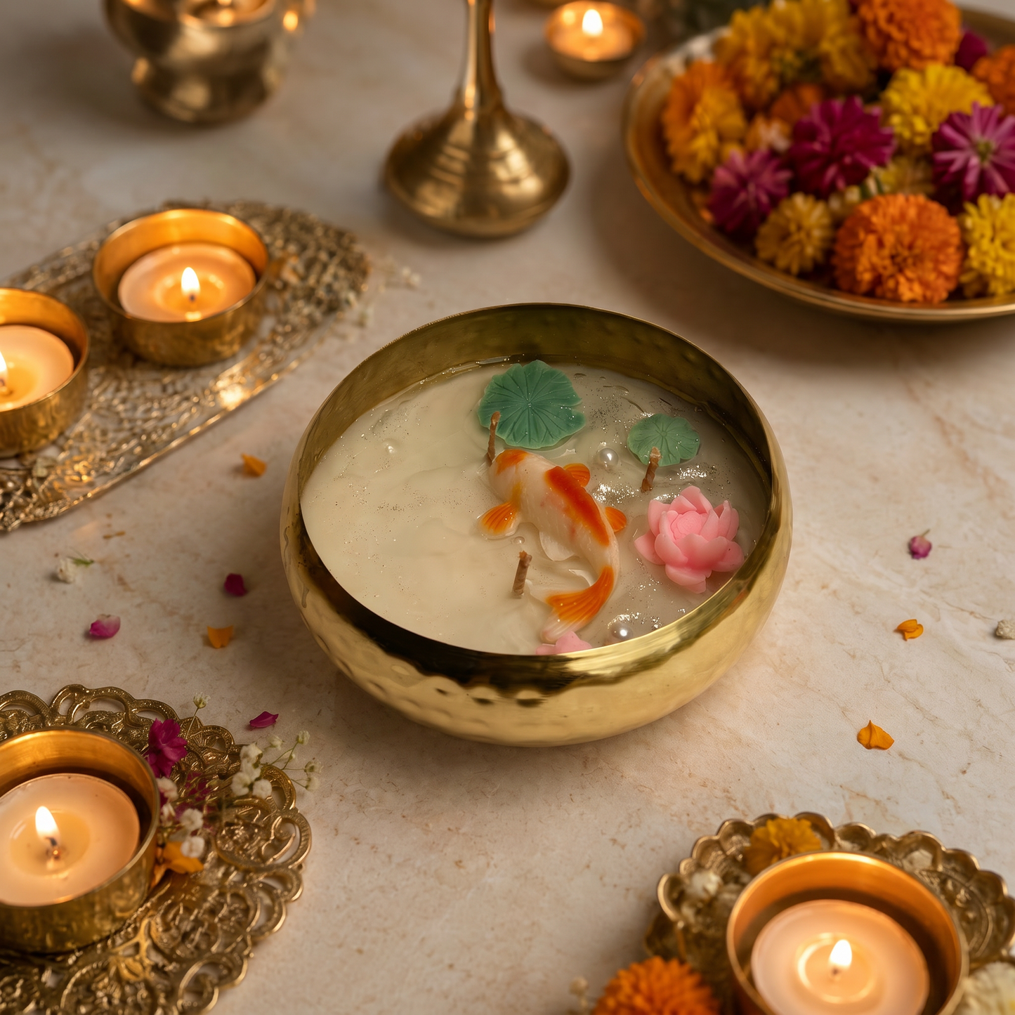 Koi Pond Urli Candle in Brass Bowl | Handmade Luxury Decorative Candle