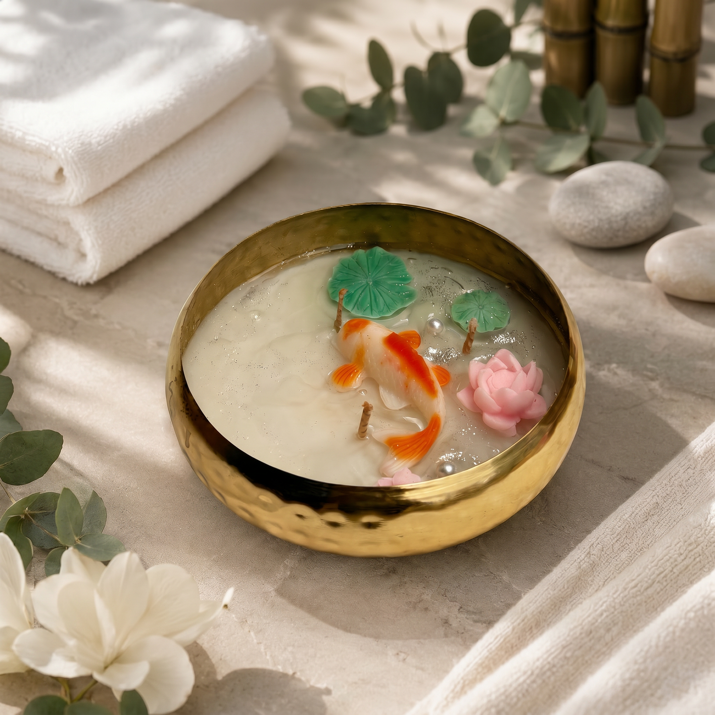 Koi Pond Urli Candle in Brass Bowl | Handmade Luxury Decorative Candle