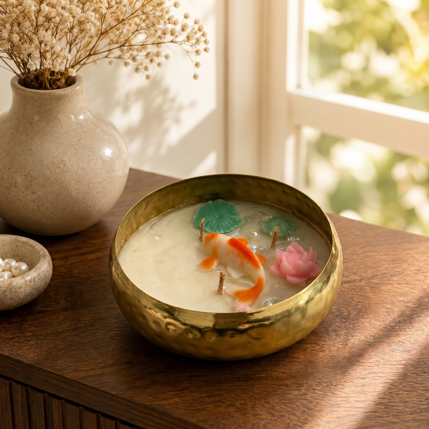 Koi Pond Urli Candle in Brass Bowl | Handmade Luxury Decorative Candle