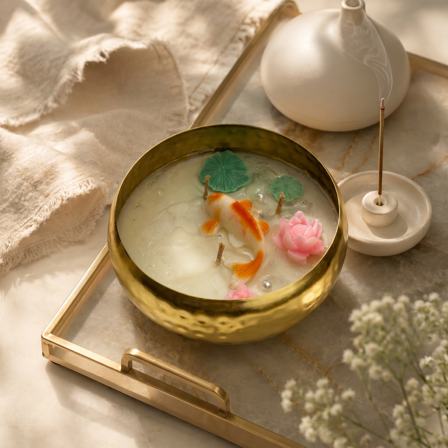 Koi Pond Urli Candle in Brass Bowl | Handmade Luxury Decorative Candle